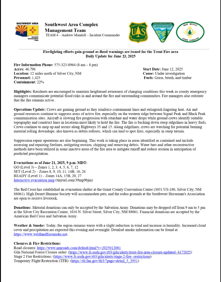 Trout Fire Update: Monday, June 23rd, 2025