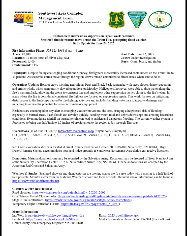 Trout Fire Update: Tuesday, June 24th, 2025