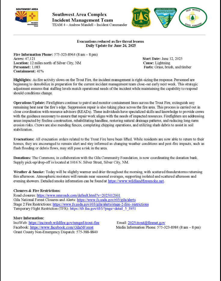 Trout Fire Update: Thursday, June 26th, 2025