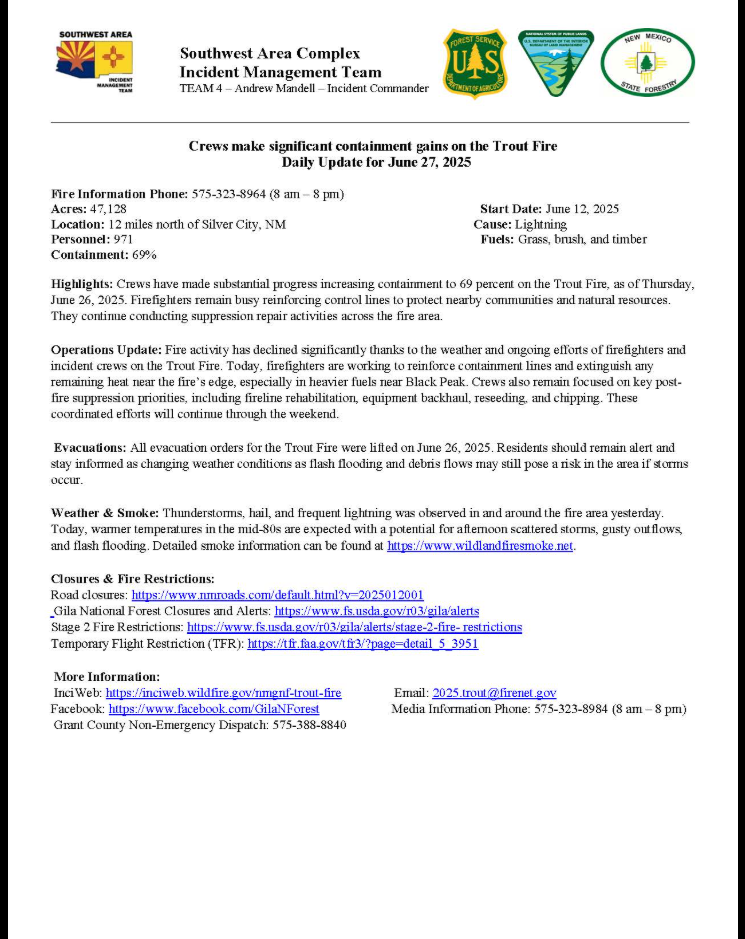 Trout Fire Update: Friday, June 27th, 2025