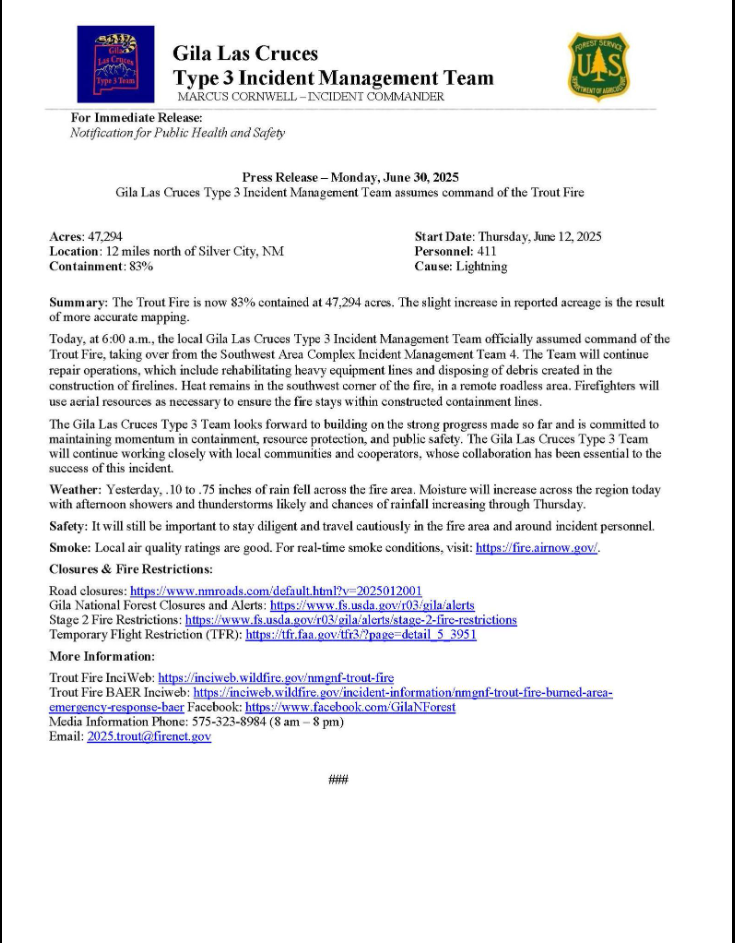 Trout Fire Update: Monday, June 30th, 2025