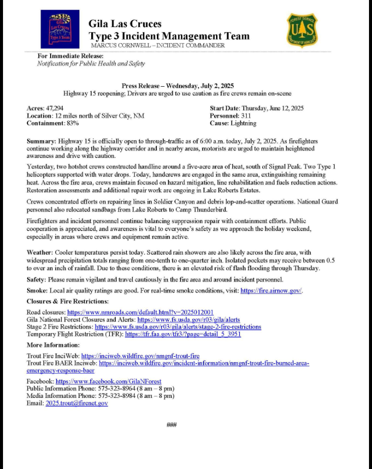 Trout Fire Update: Wednesday, July 2nd, 2025
