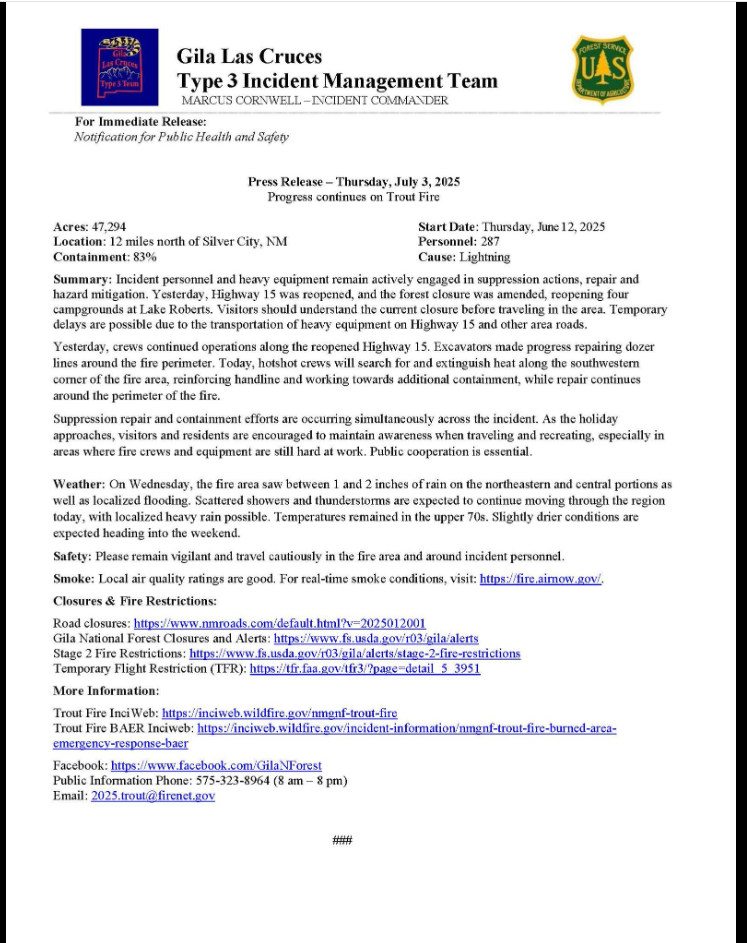 Trout Fire Update: Thursday, July 3rd, 2025