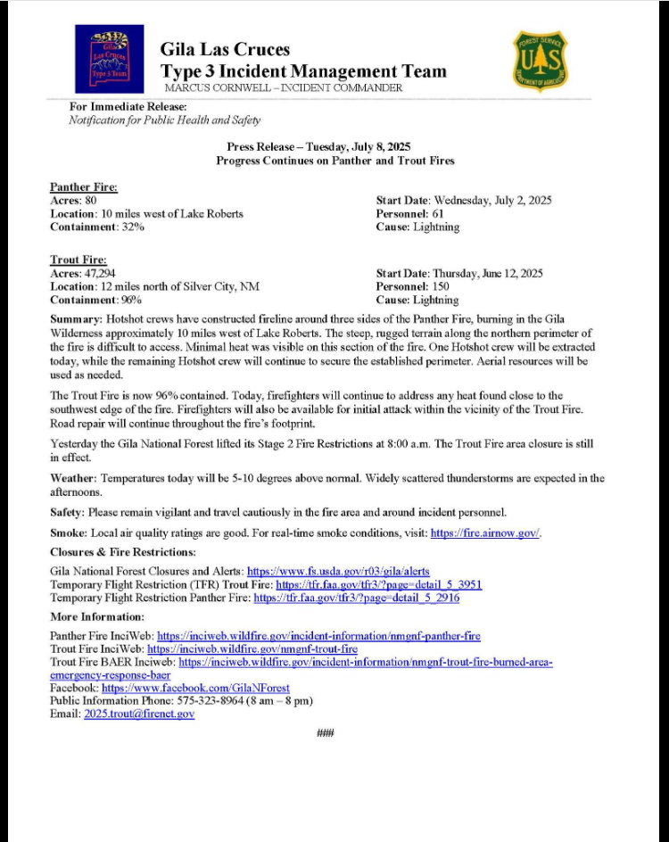 Trout and Panther Fire Update: July 8th, 2025