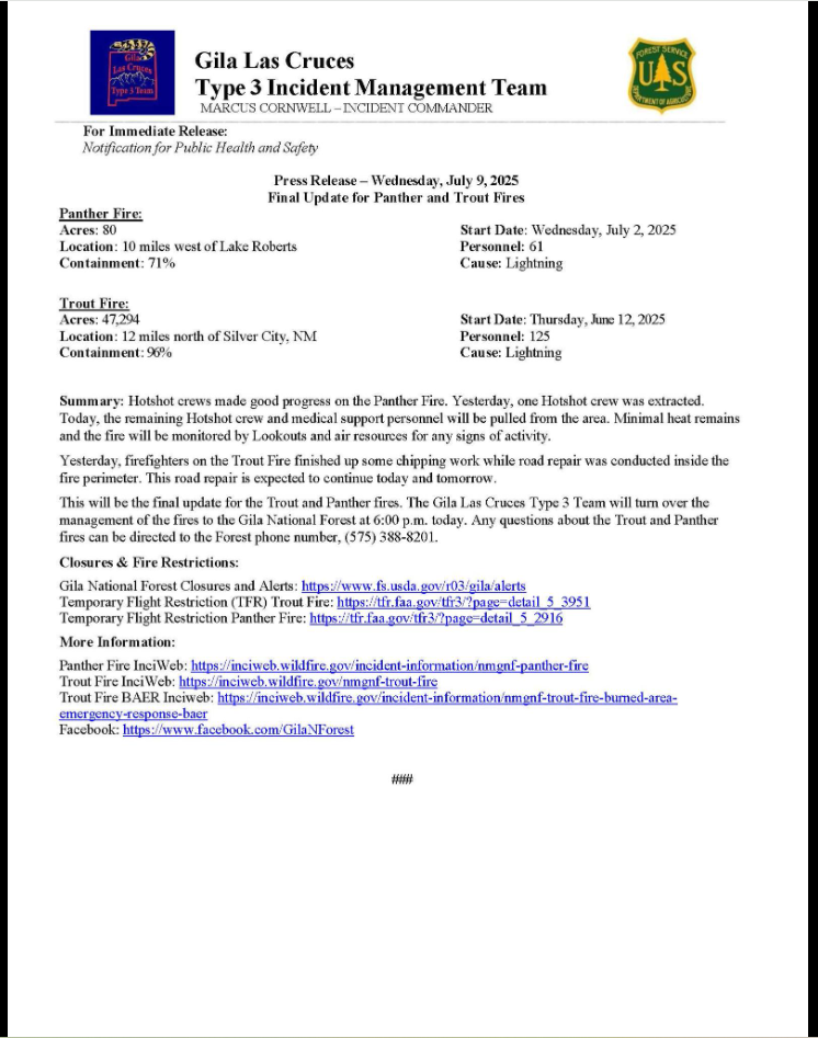 Panther and Trout Fire Update: Wednesday, July 9th, 2025