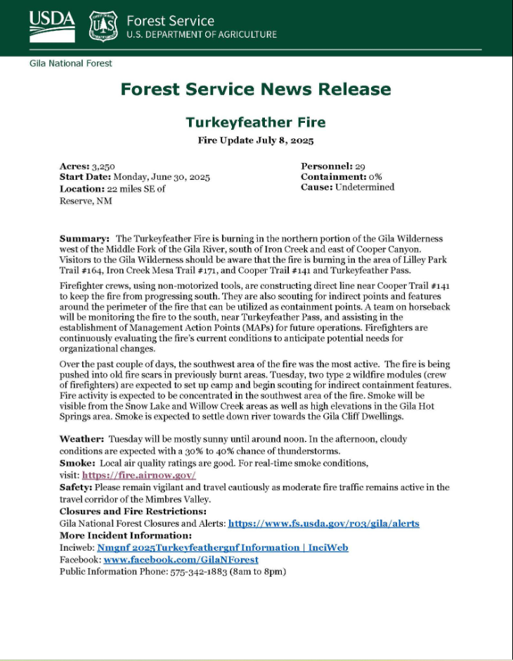 TurkeyFeather Fire Update: Wednesday, July 9th, 2025