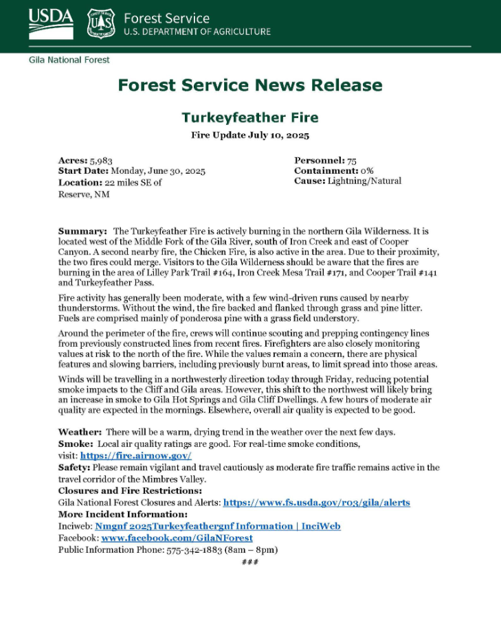 TurkeyFeather Fire Update: Thursday, July 10th, 2025