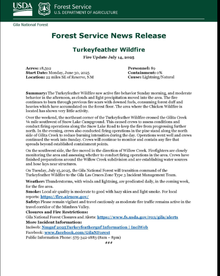 Turkeyfeather Fire Update: Monday, July 14th, 2025