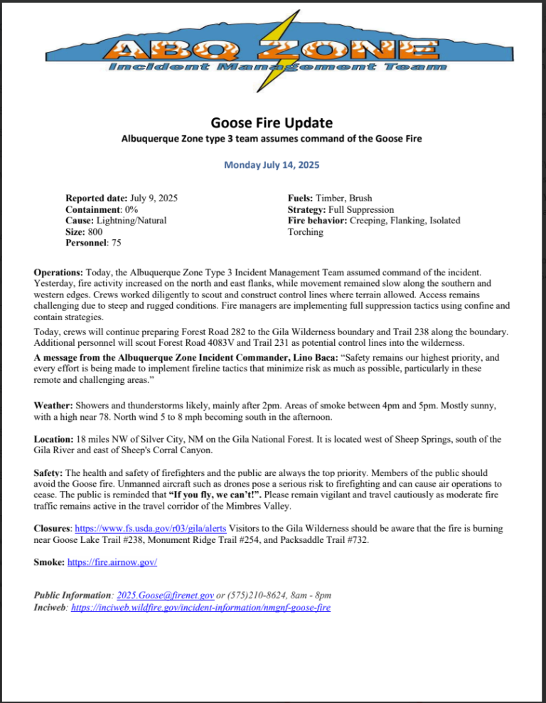 Goose Fire Update: Monday, July 14th, 2025