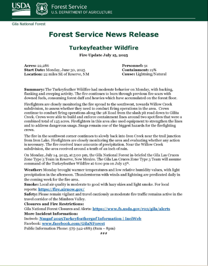 Turkeyfeather Fire Update: Tuesday, July 15th, 2025