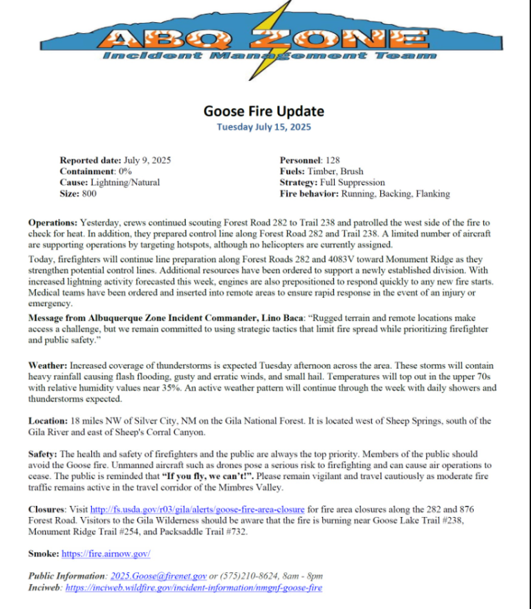 Goose Fire Update: Tuesday, July 15th, 2025