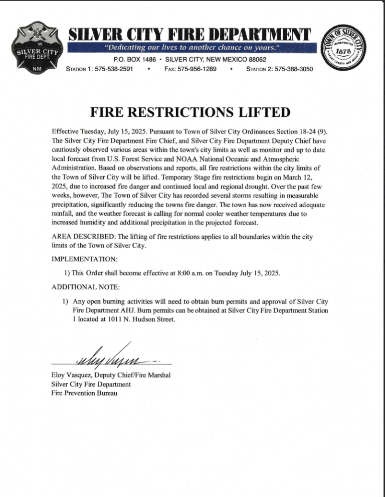 Silver City Fire Restrictions Lifted