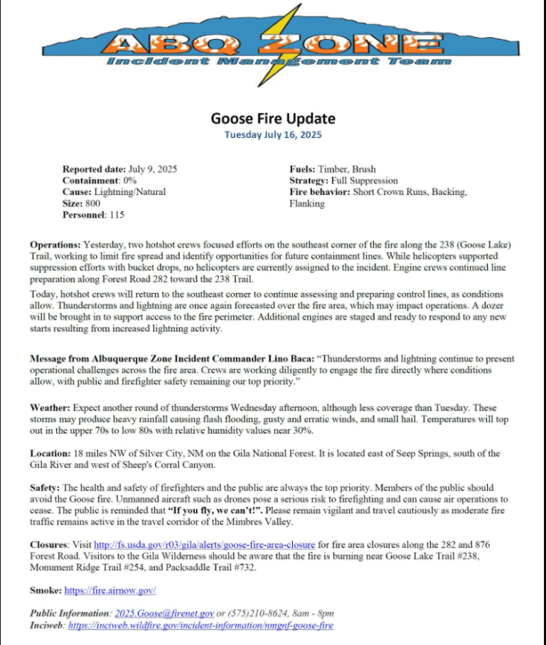 Goose Fire Update: Wednesday, July 16th, 2025