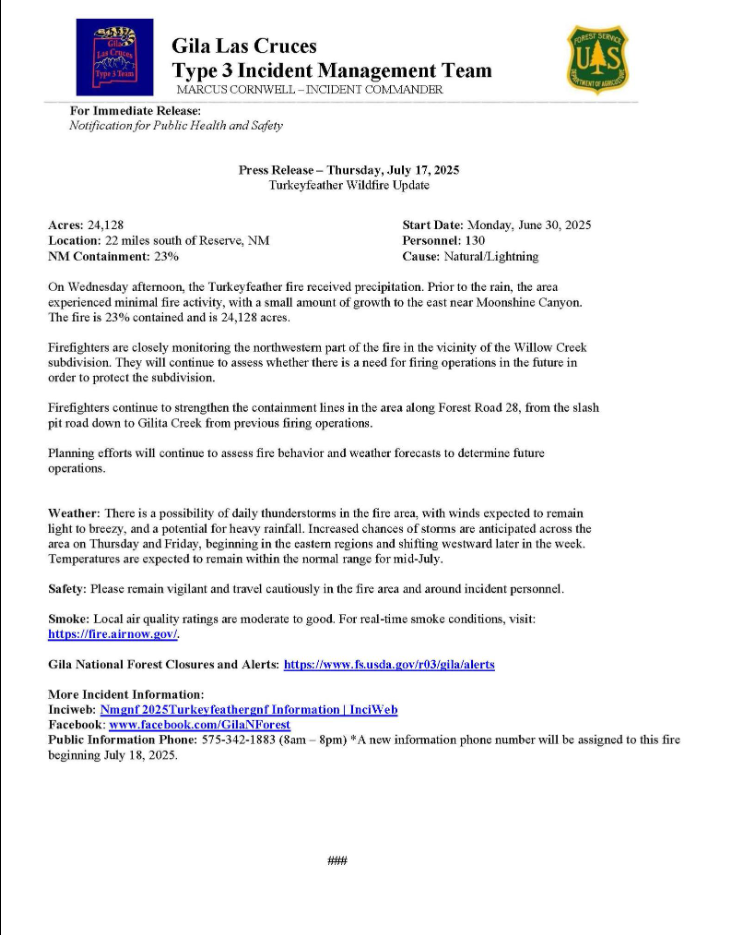 Turkeyfeather Fire Update: Thursday, July 17th, 2025