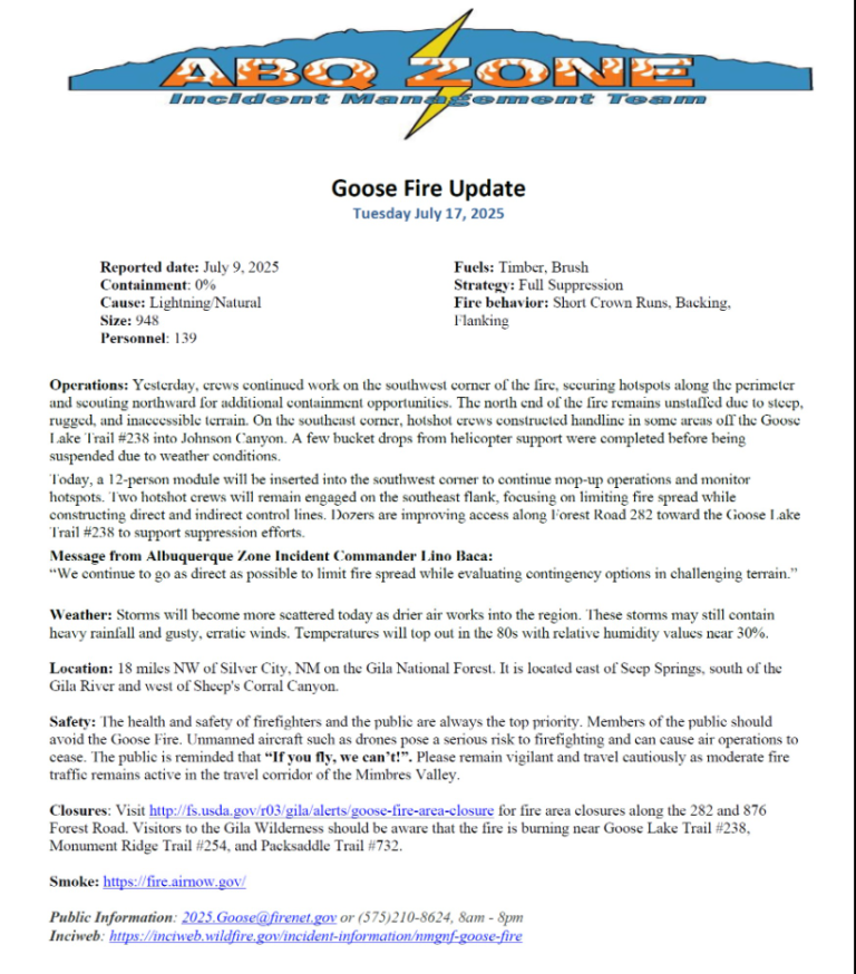 Goose Fire Update: Thursday, July 17th, 2025