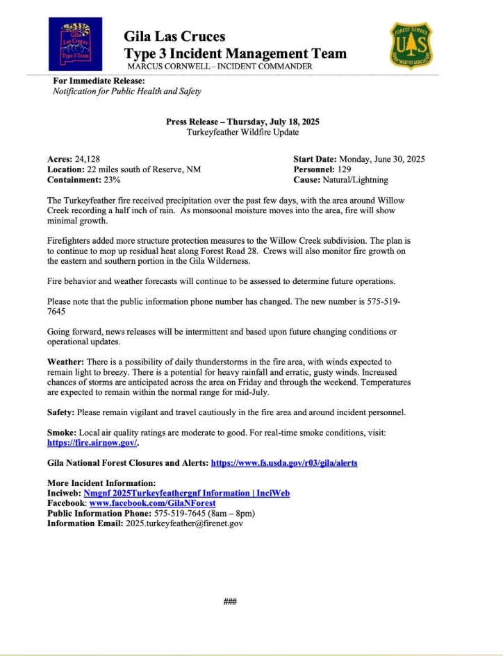 Turkeyfeather Fire Update:Friday, July 18th, 2025