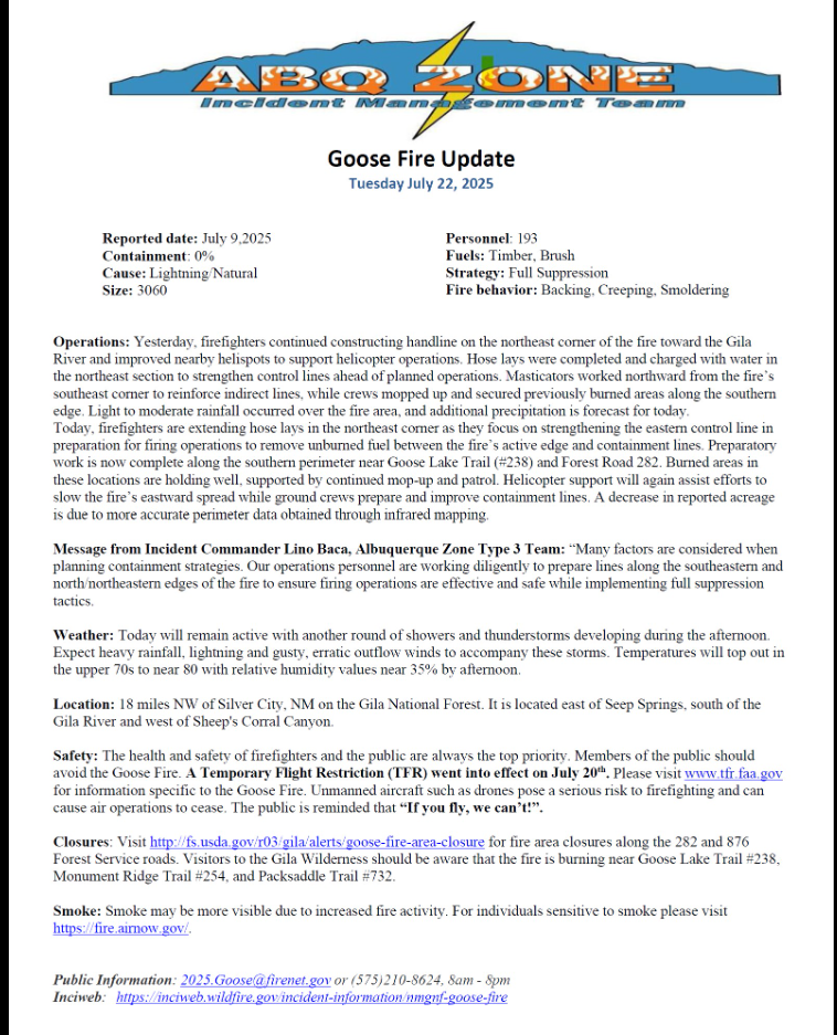 Goose Fire Update: Tuesday, July 22nd, 2025