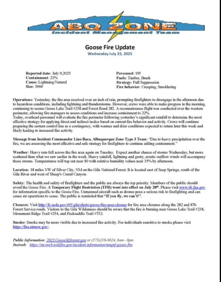 Goose Fire Update: Wednesday, July 23rd, 2025