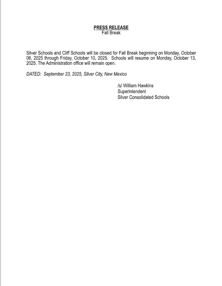 Silver Consolidated Schools Fall Break