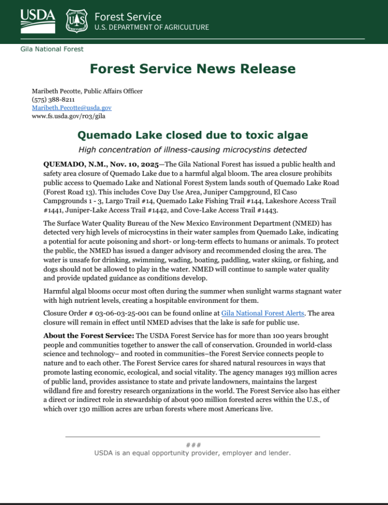 Quemado Lake closed due to toxic algae