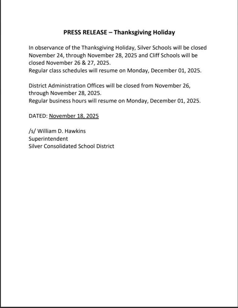 Silver Consolidated Schools Thanksgivng Break Closure