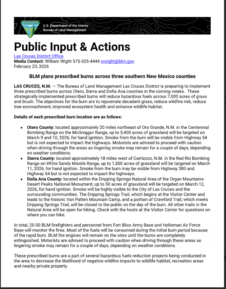 BLM plans prescribed burns across three southern New Mexico counties