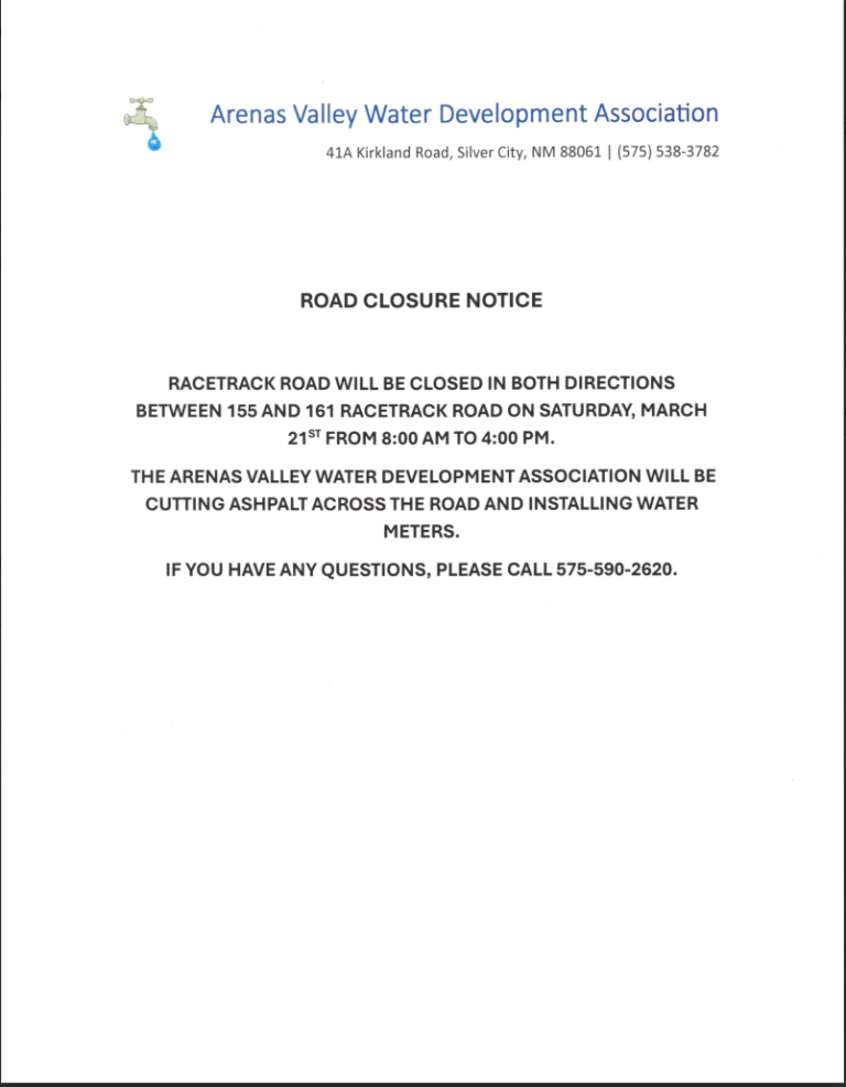 Arenas Valley Water Development Association Road Closure Notice