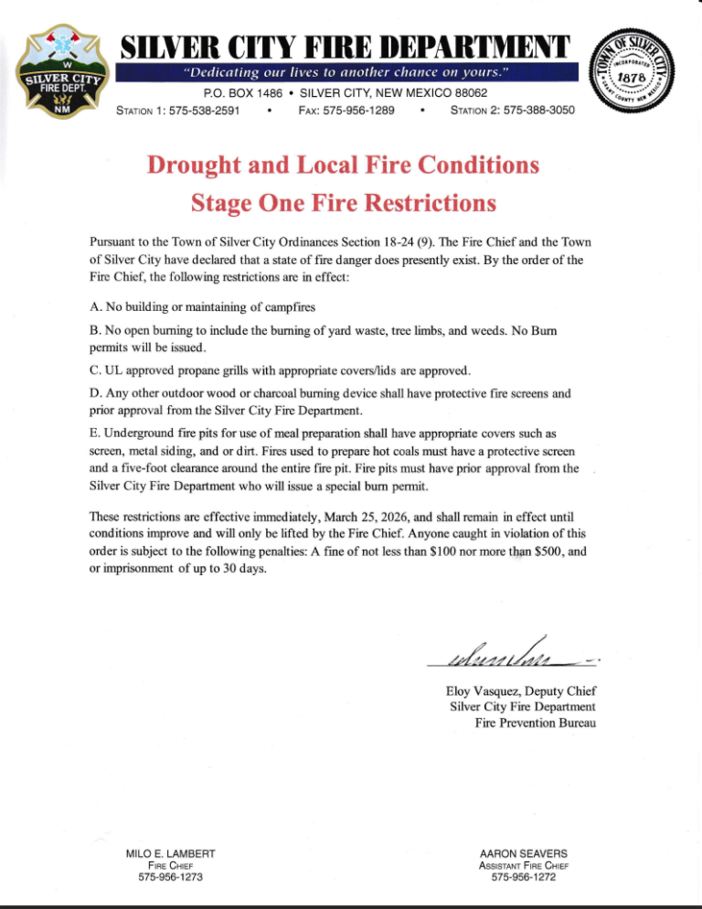 Silver City Fire Department Stage One Fire Restrictions